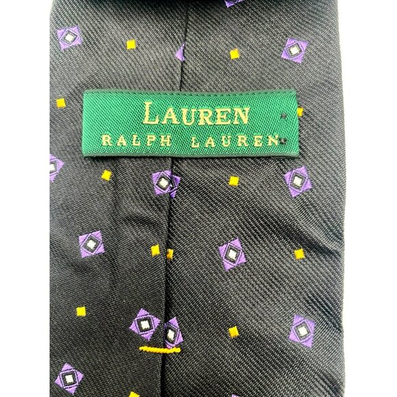 Lauren Ralph Lauren Mens Hand Finished Silk Black Purple Yellow Tie Geometric - Picture 5 of 6